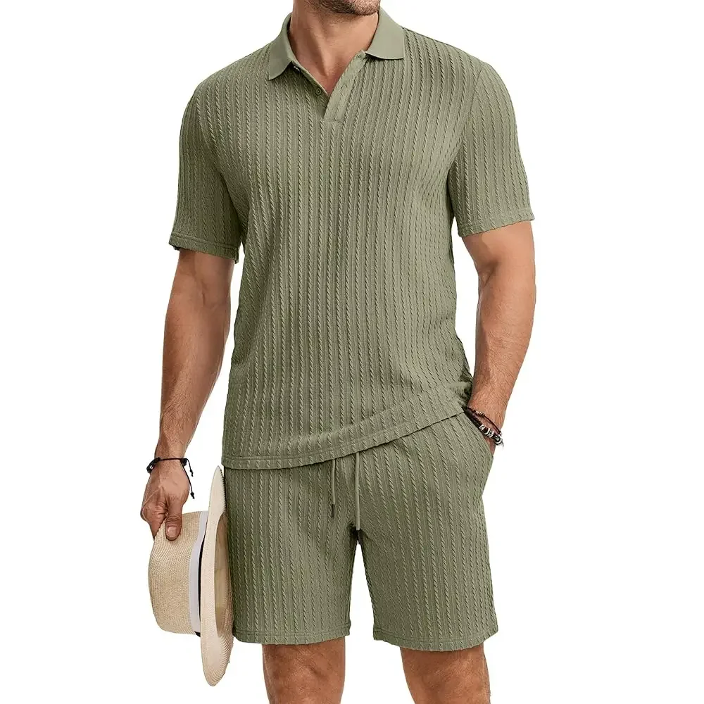 

Men's Summer Beach Outfits 2 Piece Jacquard Knit Lounge Short Sleeve Shirts & Shorts Vacation Texture Sets