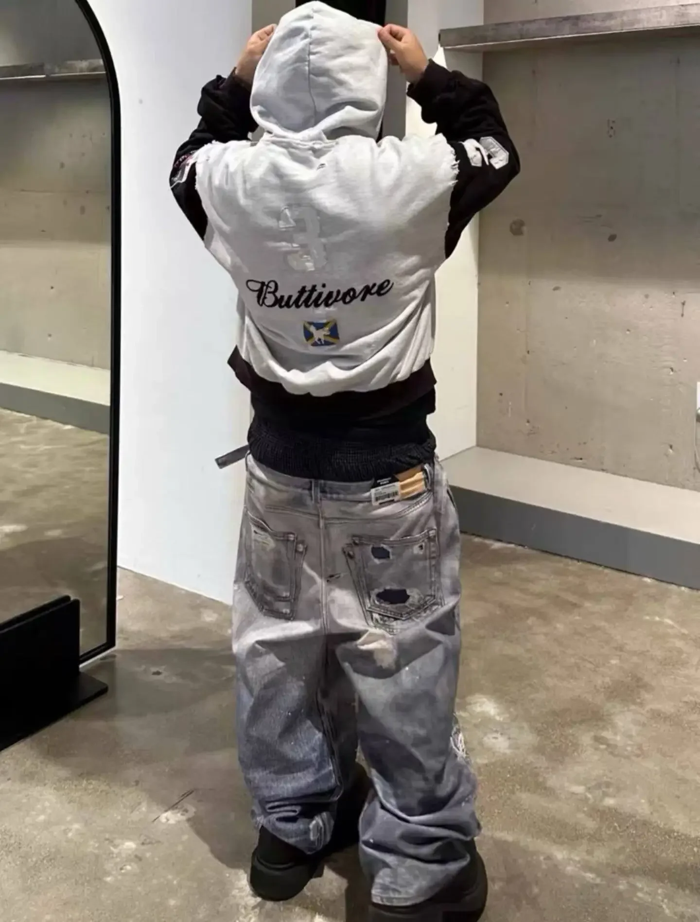 Protocol Index Fake Two-Piece Double Waist 3D Printed Design Loose Jeans