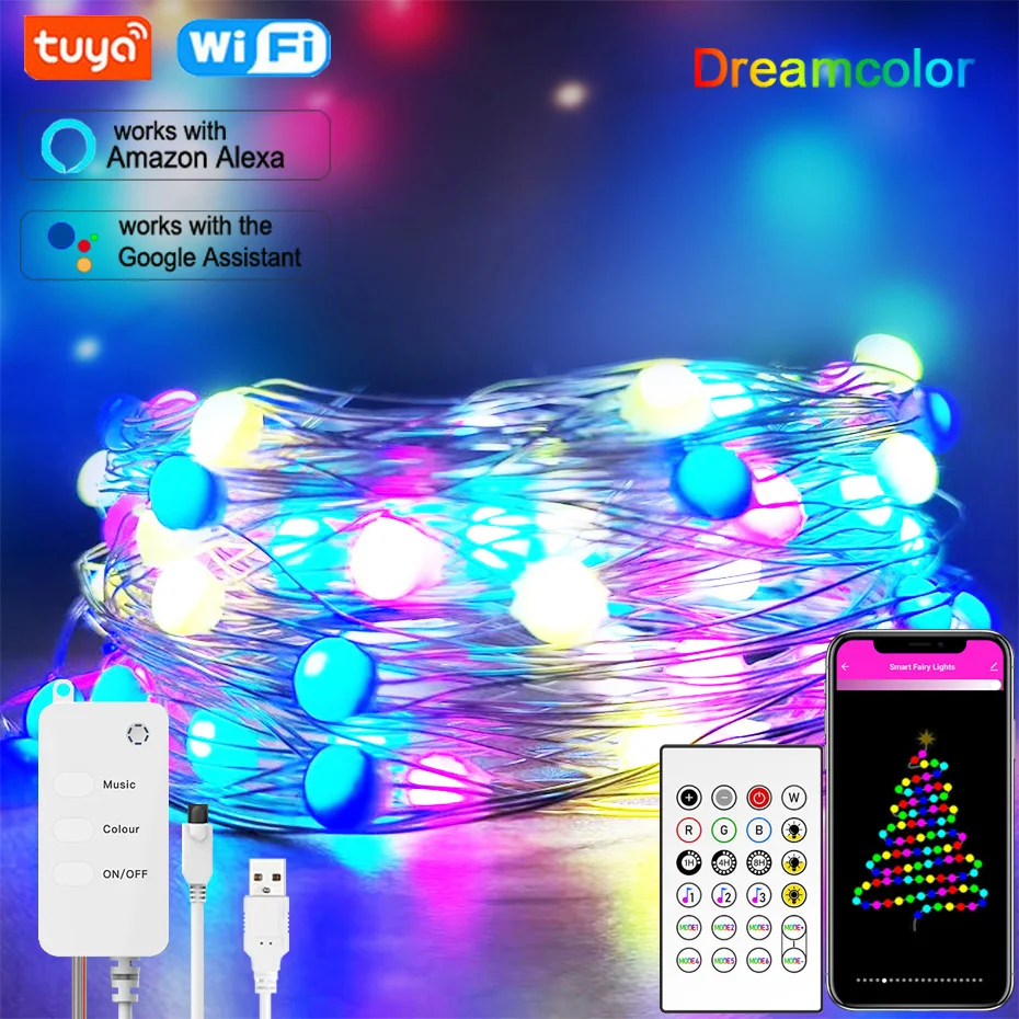 WiFi Smart LED Fairy Lights RGBIC Garland Lamp Strip Tuya APP Control Work With Alexa Dreamcolor For Room Christmas Tree Decor