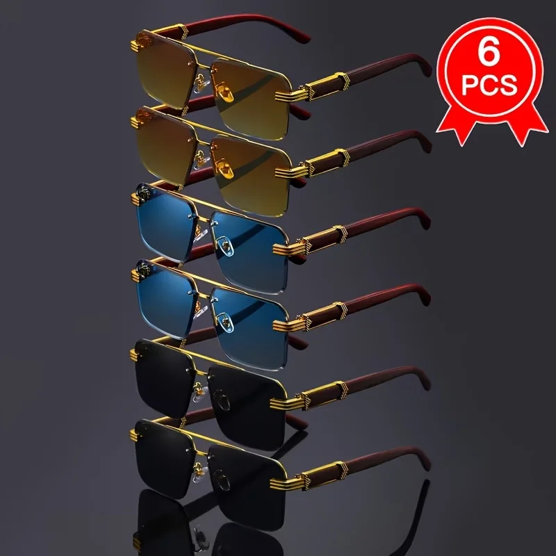 6‑Pack Vintage Rimless Single‑Bridge Eyeglasses, Ultra‑Light Frames, Hollow Rivet‑Decorated Wood‑Grain Temples