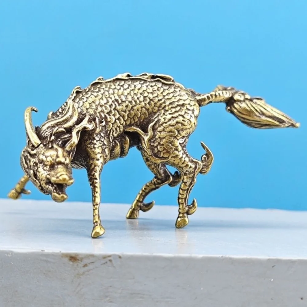 1PC Mini Brass Qilin Statue Vintage Chinese Mythical Beast Figurine Solid Brass Kylin Pocket Ornament Collectible Amulet Gift