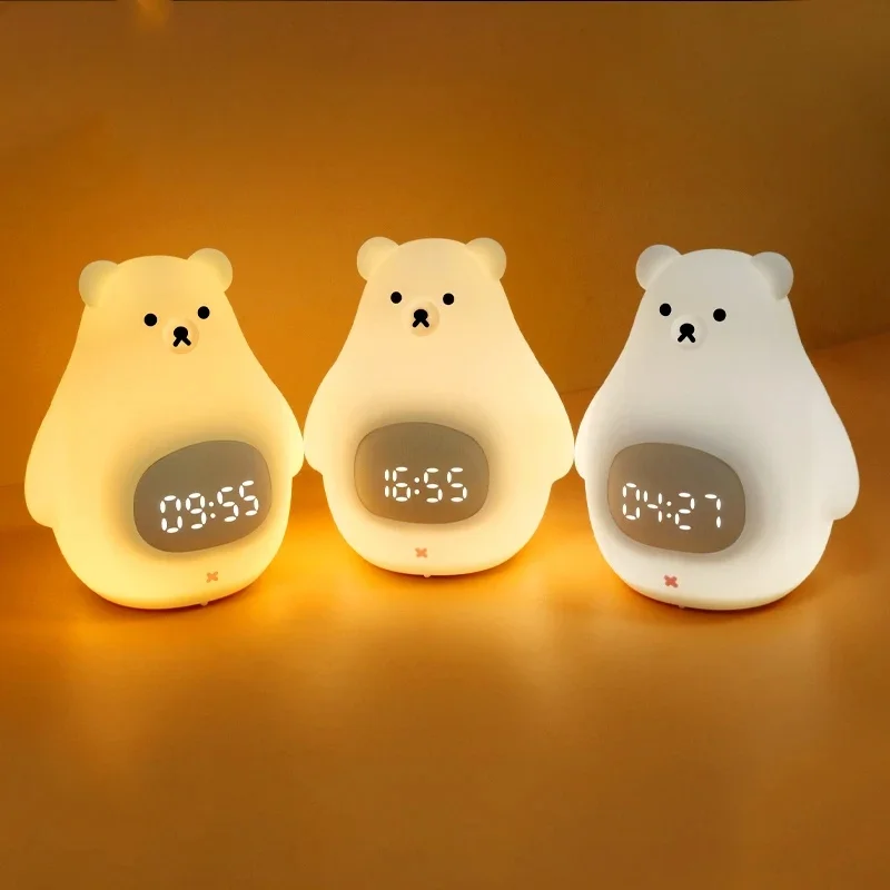 LED Night Light Rechargeable Cartoon Bear Alarm Clock USB Night Light lemp Silicone Touch Control Kids Sleep Timing Bear Light