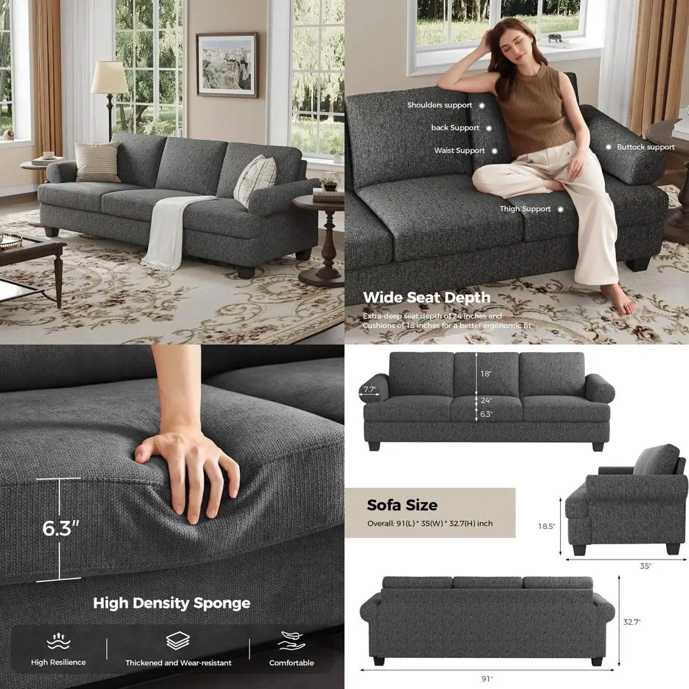 

91 Extra Deep Seating 3-Seat Oversized Sofa Couch for Living Room, Gray