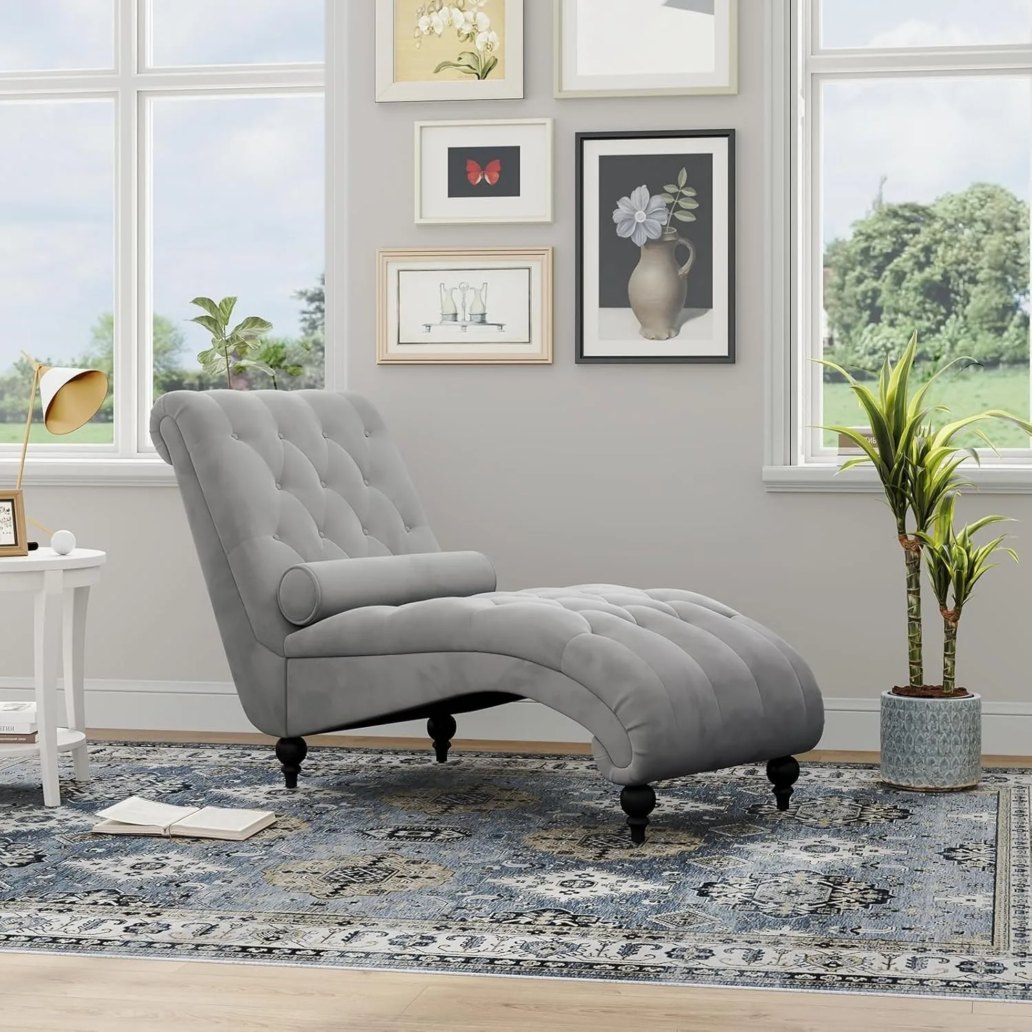 

Customizable Velvet Button-tufted Indoor Chaise Lounge, Upholstered Chaise Longue Chair with Lumbar Pillow,
