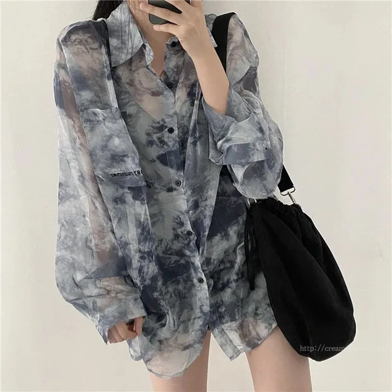 Harajuku Women Tie Dye Chiffon Shirts Korean Fashion Loose Sunscreen Long Sleeve Tops Summer Casual All Match Female Y2K Shirts