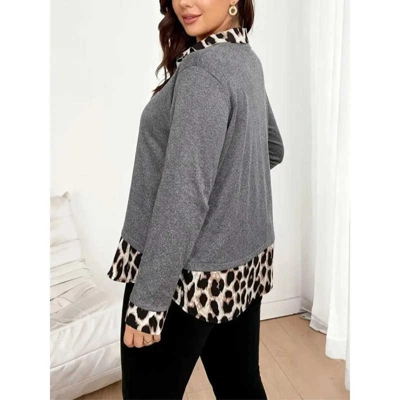 Plus Size 1XL-5XL Autumn New Women's Loose Fit Leopard Print Button Front Long Sleeve Top 4