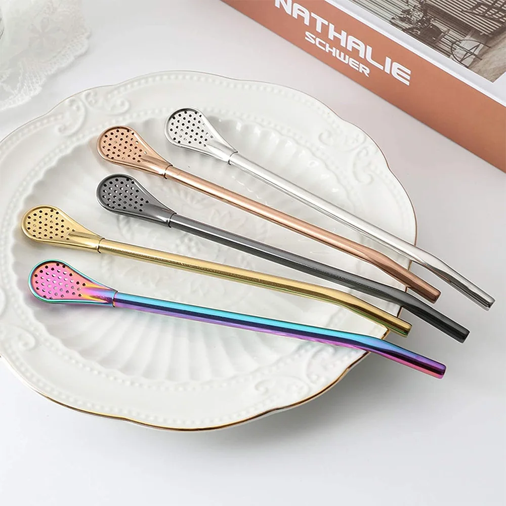 1-10Pcs Reusable Spoon Filter Straw Handmade Stainless Steel Straw Yerba mate straw Metal Washable for Cocktail Bar Accessories