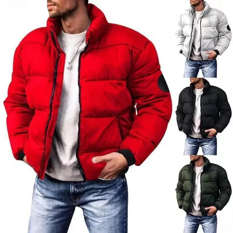 

Loose Fit Men's Cotton Jacket Stand Collar Warmth Youth Polyester Fiber Zipper Closure Short Style Casual Urban Fashion