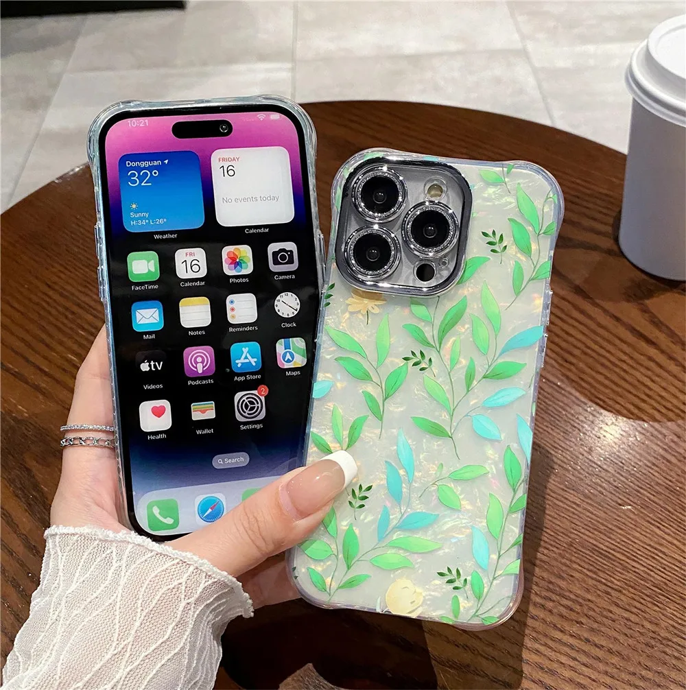 Lovebay Shell Pattern Phone Cover for iPhone 11 12 13 14 15 Pro Max Green Leaves Gitter Lens Shockproof Bumper Back Cover Fundas