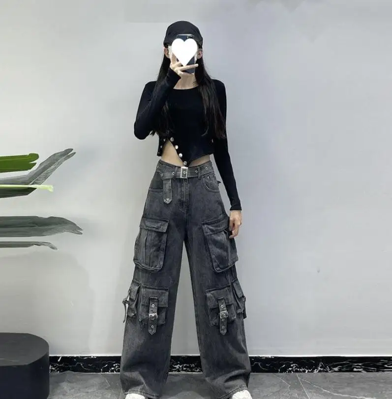American Vibe High Street Multi Pocket Black Workwear Denim High Waist Loose Wide Leg Floor Pants for Women