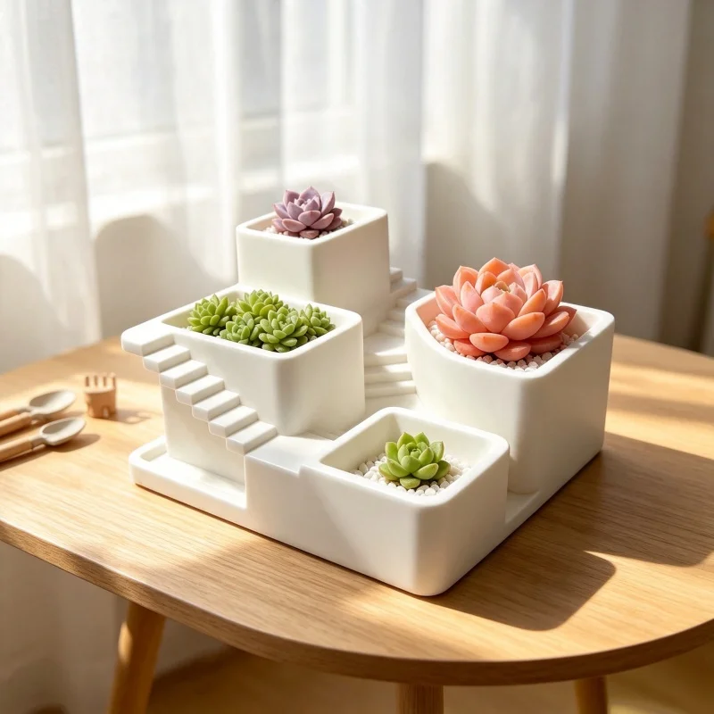 Tiered Succulent Flower Pots for Windowsills, Balcony Gardening, 4-Compartment Mini Flower Pot Set, White Plastic Individual Slot Succulent Planting Pots, Indoor Small Plant Decorative Containers