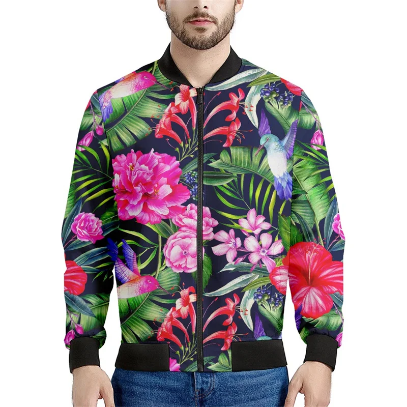 New Hawaiian Flower Zipper Jacket Men 3d Printed Tropic Plants Pattern Bomber Sweatshirts Tops Long Sleeves Oversized Coats