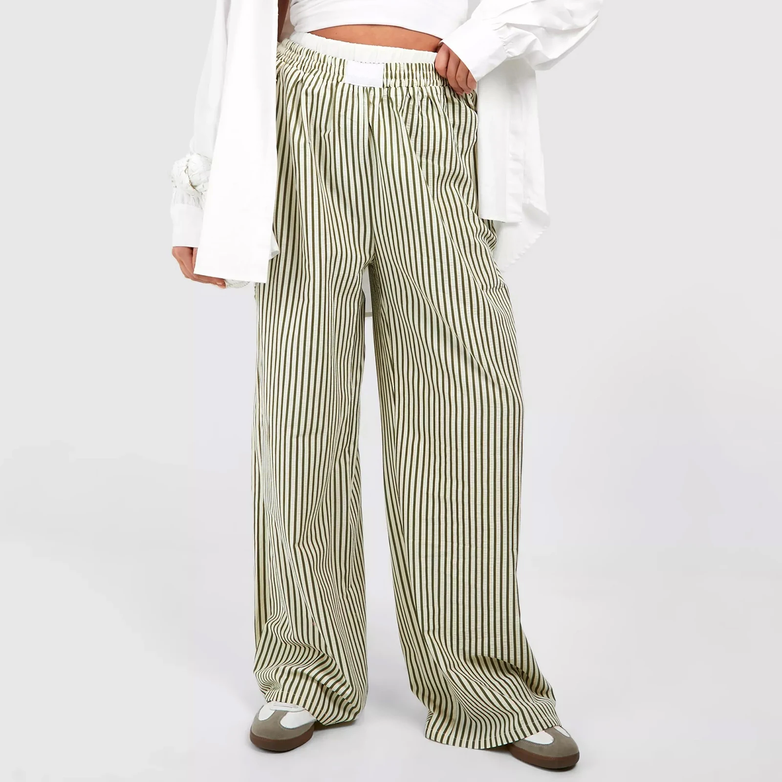 

Dourbesty Women y2k Aesthetic Striped Print Casual Wide Leg Long Pants Retro Lady Harajuku Elastic Waist Straight Baggy Trousers