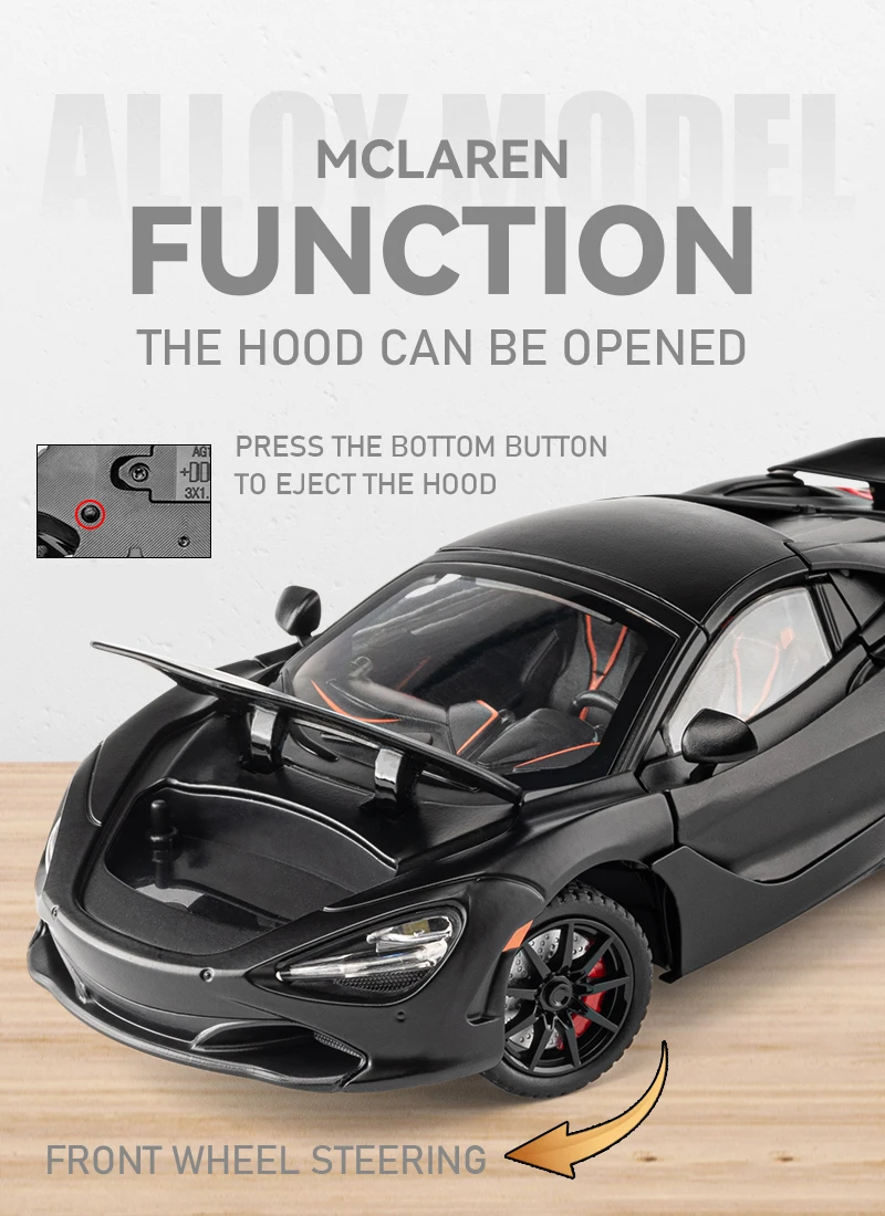 1/24 Scale 720S Racing Sports Car Alloy Model Toy Diecast Vehicle Metal Fast Furious Sound Light Collect Kid Birthday Gift Deco