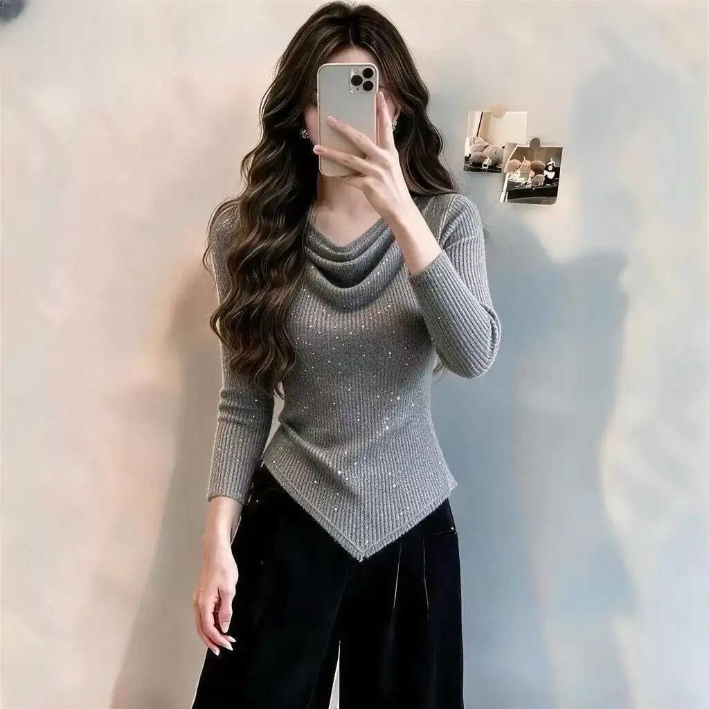 Autumn All-match Fashionable Pleated Long Sleeve T-Shirts Ladies Simplicity Elegant Irregular Slim O-neck Top Tee Women's Tshirt
