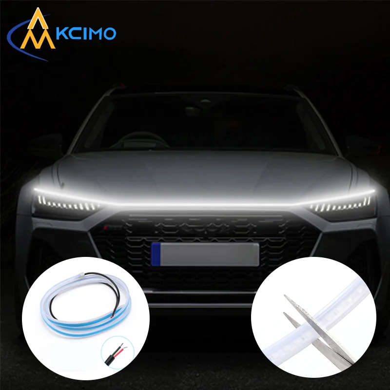 120CM Car Hood LED Daytime Running Light Strip, 12V Scan Start DRL Decorative Lamp, IP68 Waterproof Engine Cover Ambient Light