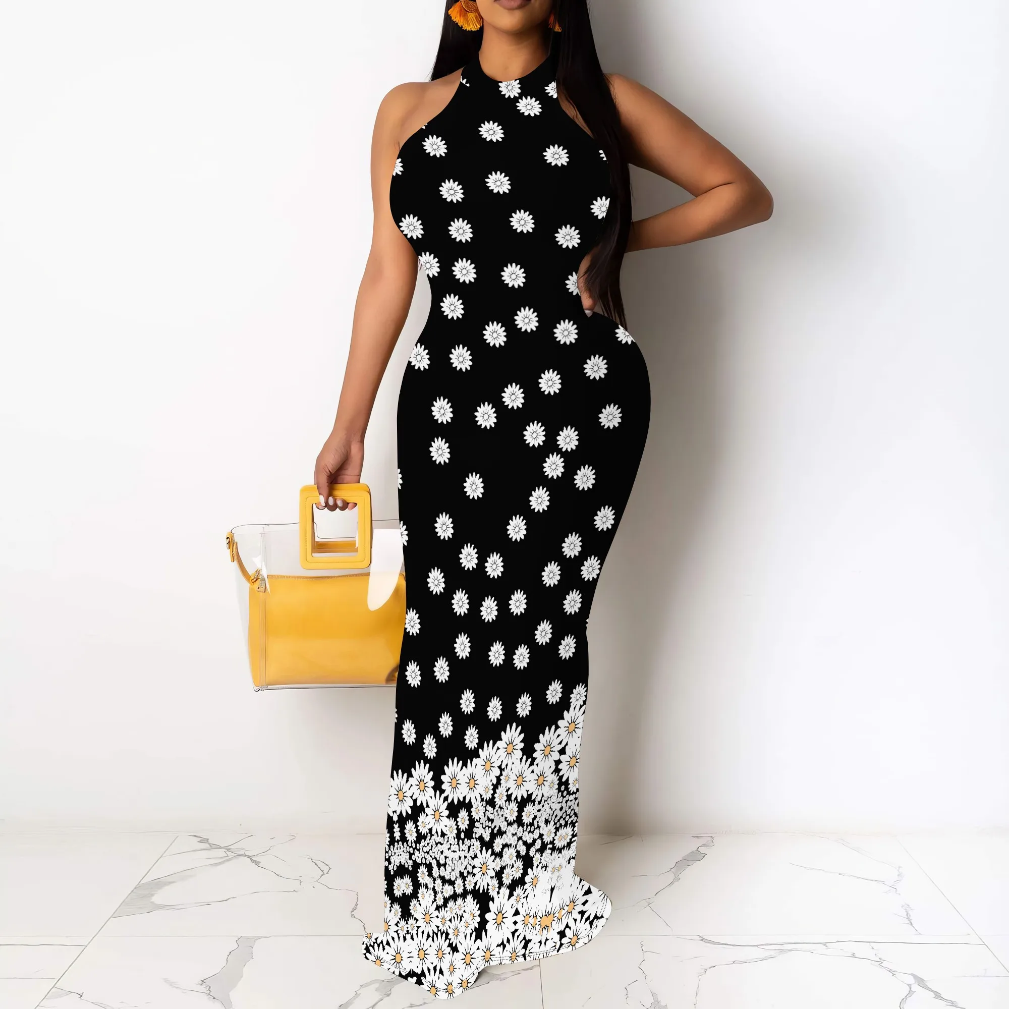 EQQZD ชุดเดรสคอตั้งสีดำสำหรับผู้หญิง ชุดเดรสคัตเอาท์ด้านหลัง โพลีเอสเตอร์ ชุดราตรีฤดูใบไม้ร่วงหรูหรา