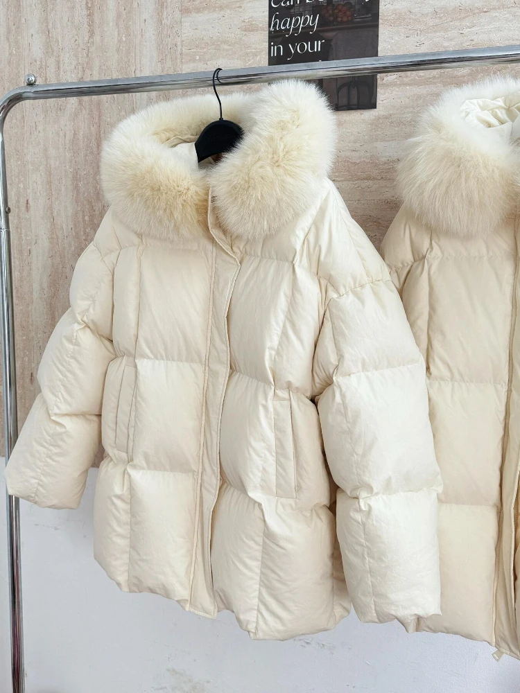 Pink Women 2026 Winter Down Cotton Puffer Coat Hooded With Large Faux Fur Collar Mid‑Length Padded Jacket Warm Parkas