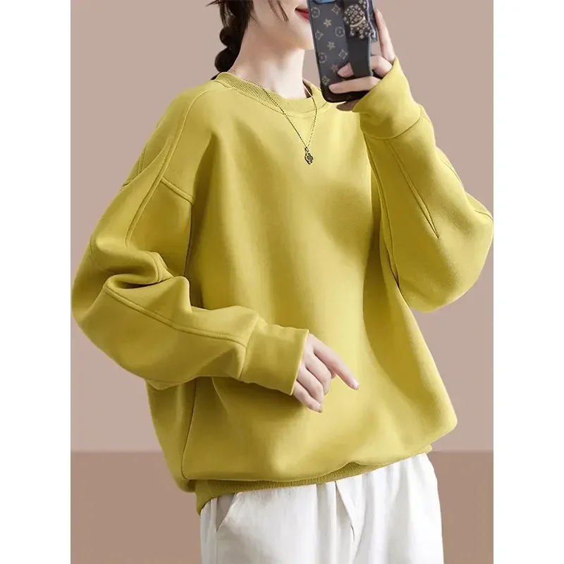

Корейский модный фонарь с длинным рукавом, флокированный осенне-зимний пуловер, однотонная женская одежда, толстовки, повседневные свободные топы