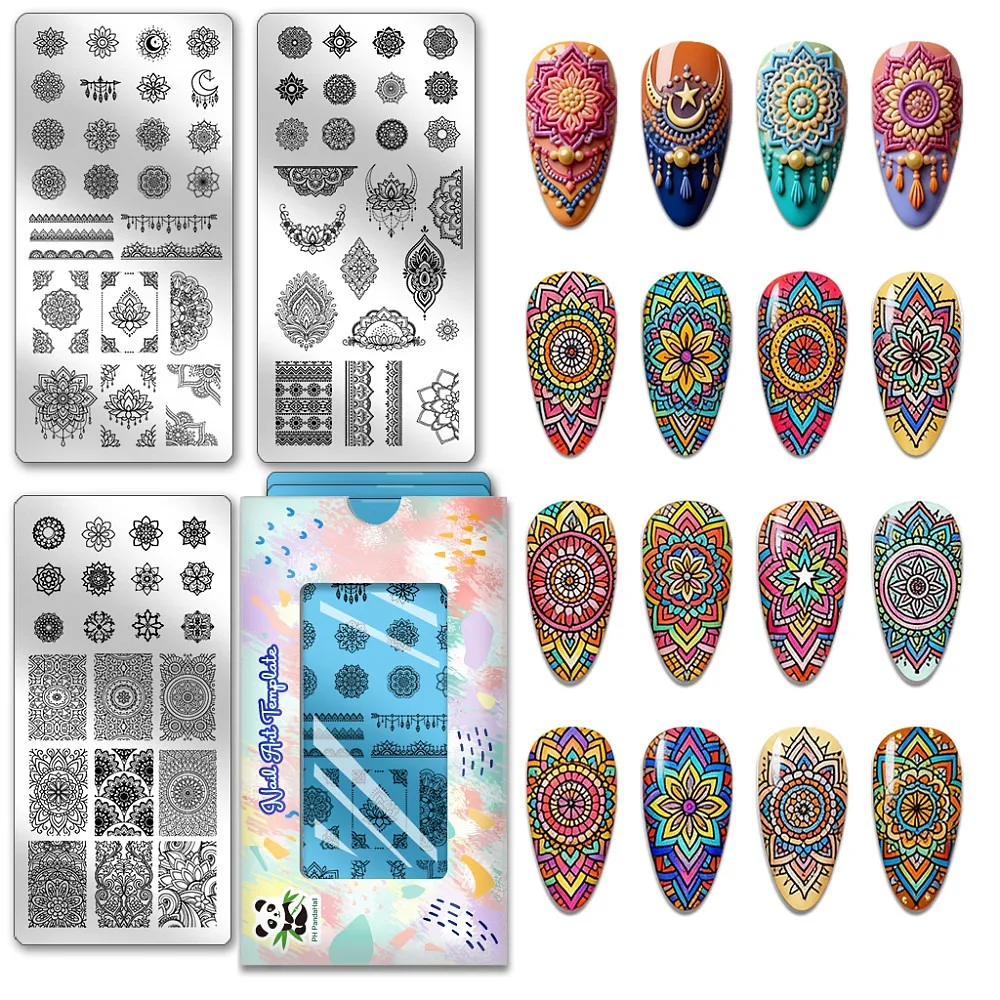 3pcs Boho Flower Nail Stamping Plates Ethnic Style Nail Image Plate Geometric Manicures Design Stencil Floral Nails Templates
