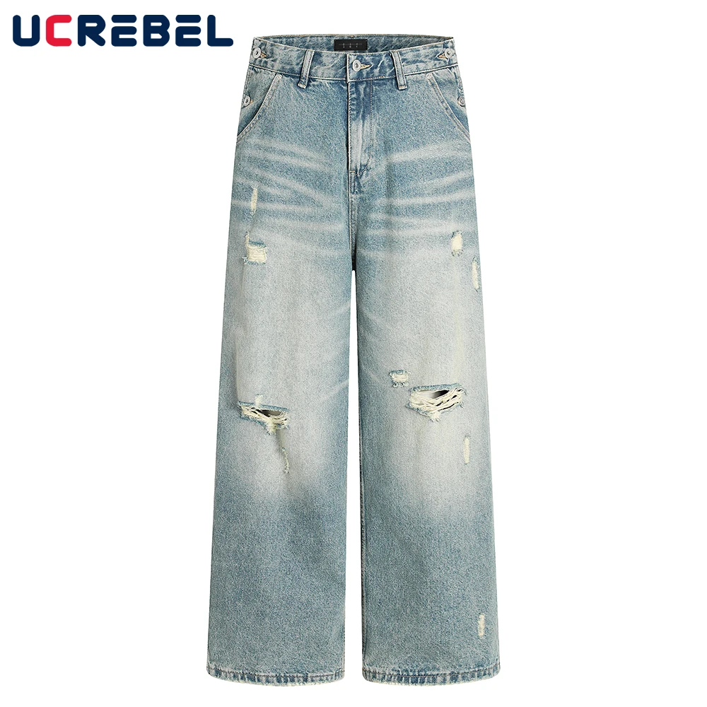 リッピング口ひげ効果ジーンズメンズレトロストリートルーズワイドレッグウォッシュ加工デニムパンツ男性