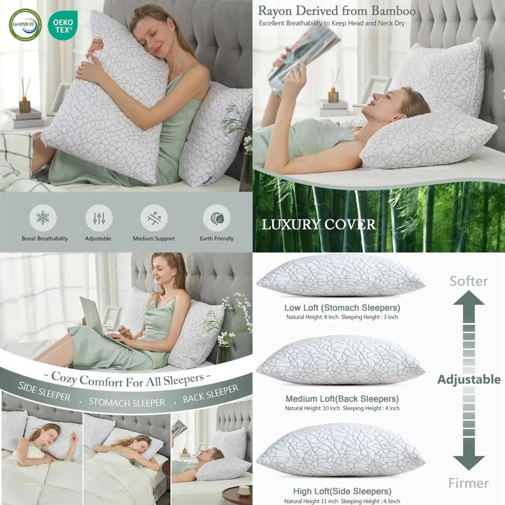 

King Size Bamboo Rayon Pillow - Premium Shredded Memory Foam, Adjustable, Removable Cover for Side, Stomach, and Back Sleepers,