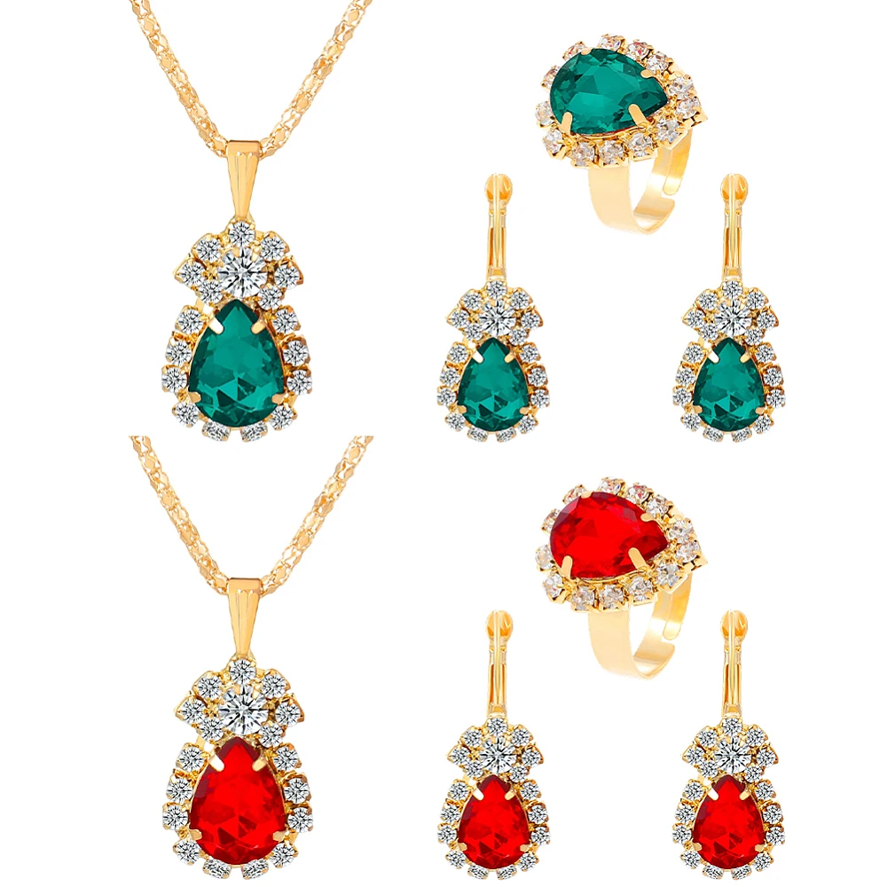 2Pcs Jewelry Sets Teardrop Dangle Earrings Necklace Ring Set Rhinestone Wedding Prom Costume Jewelry for Girlfriend Mom Friend