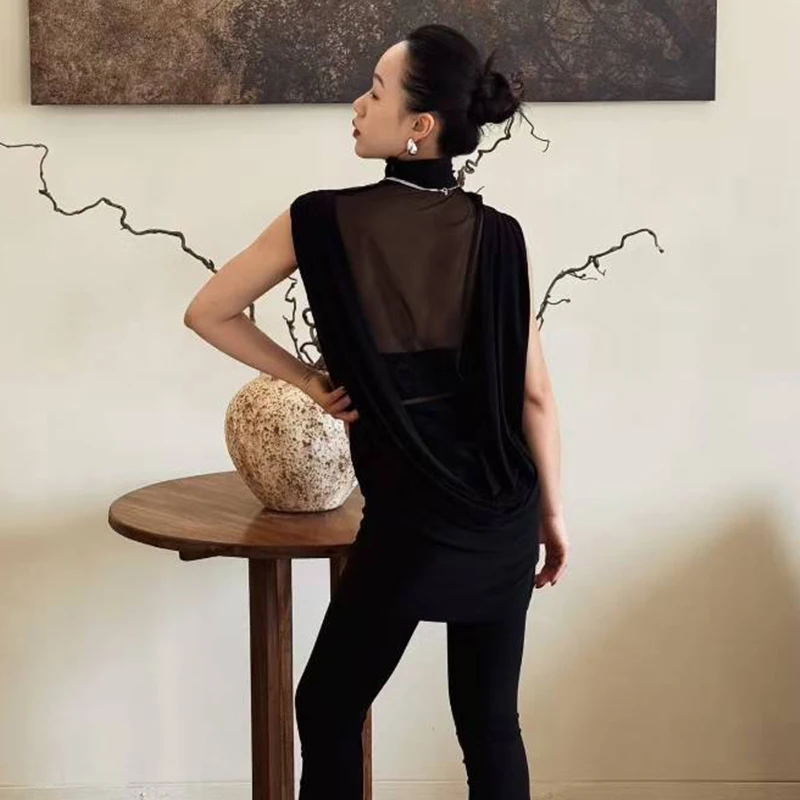 Hauts de danse latine amples pour femmes, sans manches, col haut noir, vêtements de danse pour enseignant, vêtements d'entraînement de danse latine pour adultes DNV25319