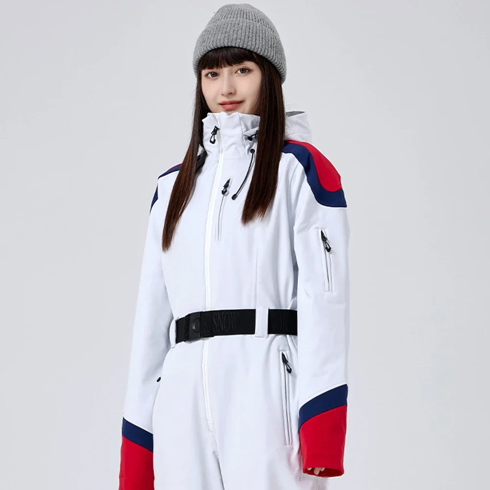 Slim Fit Women Ski Overalls Female Winter Snow Clothes Warm Breathable Skiing Suites Strap Jumpsuit Snowboard Tracksuit Hooded