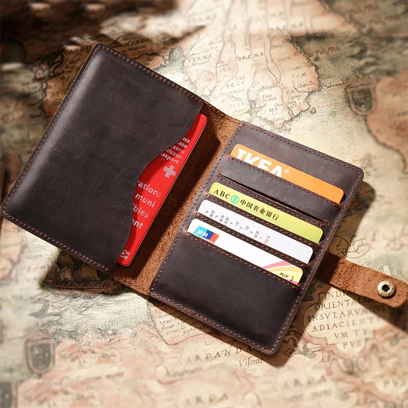 Crazy Horse Leather Passport Wallet – Retro Travel Organizer, RFID Blocking Multi-Function Ticket Purse for Men & Women