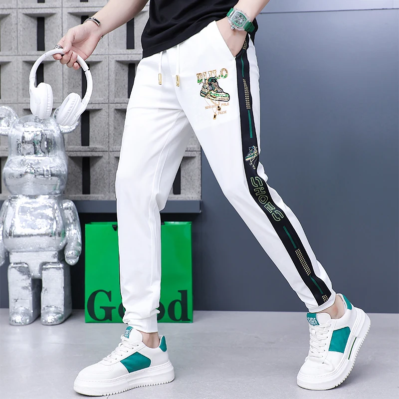 Luxury Summer Print Men\'s Ice Silk Trousers Mid-Waist Loose Breathable Straight-Leg Casual Pants Thin Quick-Drying Pants