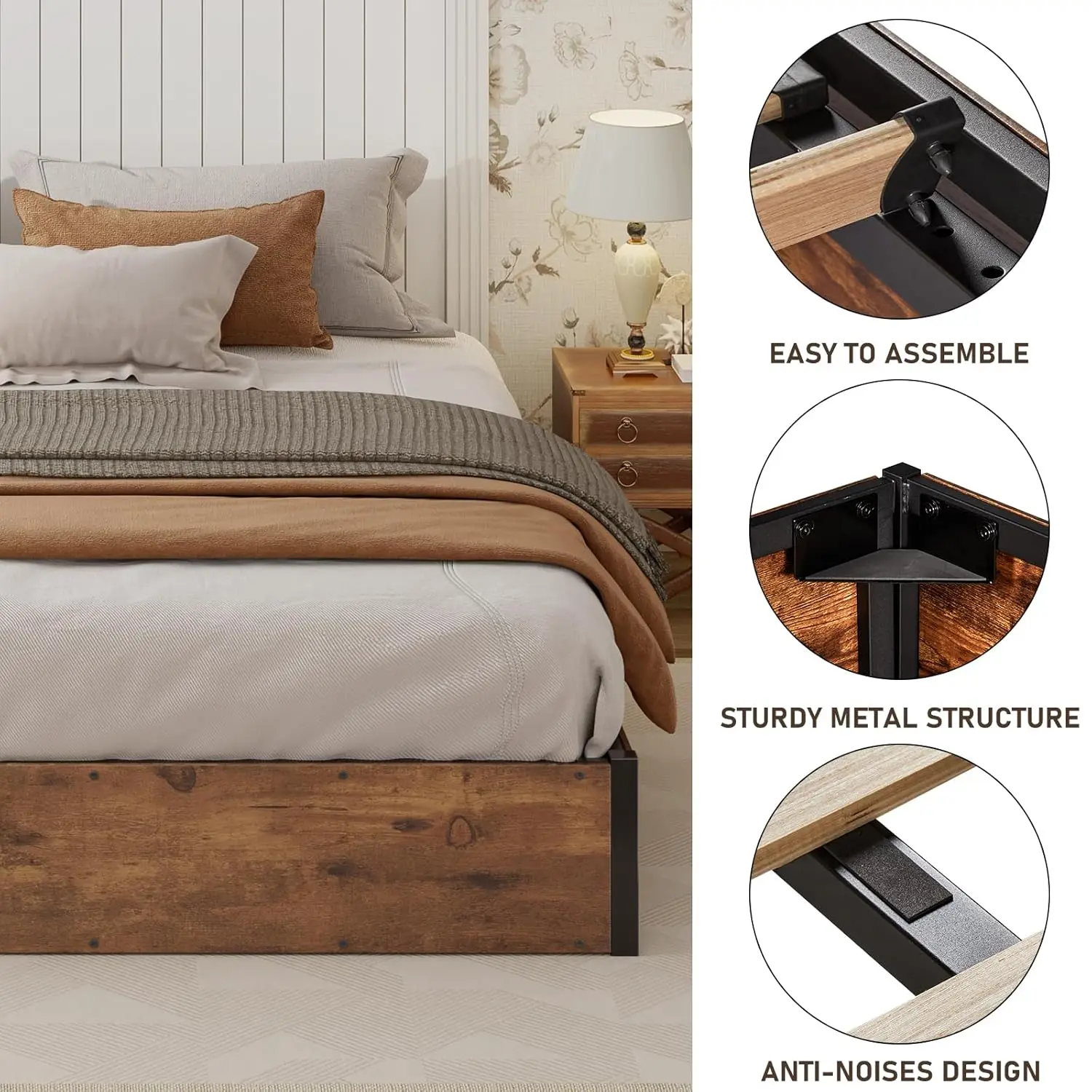 King Lift Up Storage Bed Frame Wooden Slats Platform Underneath Space No Box Spring Quiet Rustic Brown, Customized view 6