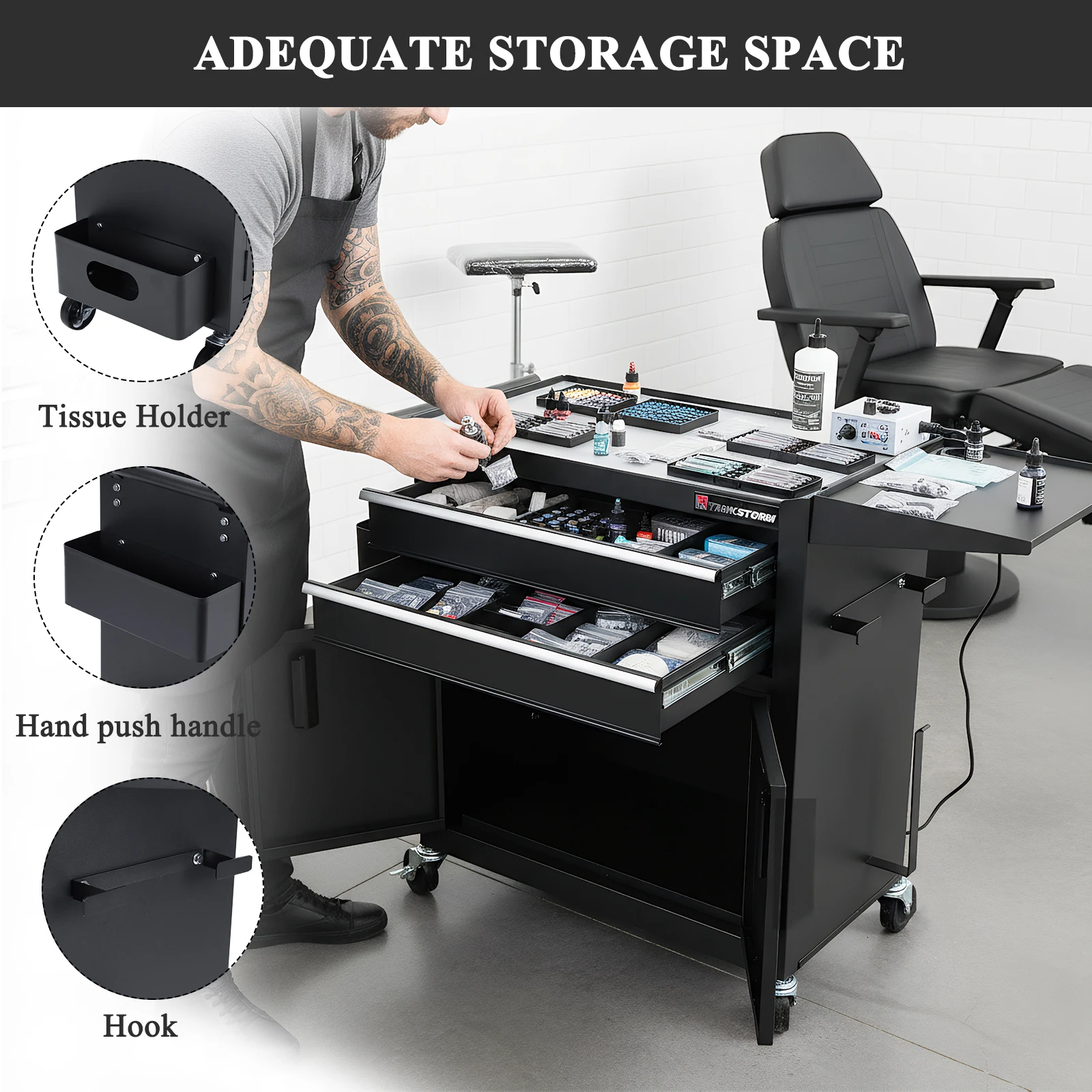 

Black Steel Cabinet Trolley Anti-Scratch Professional Rolling Tattoo Cart Waterproof Hairdressing Beauty Versatile Equipment