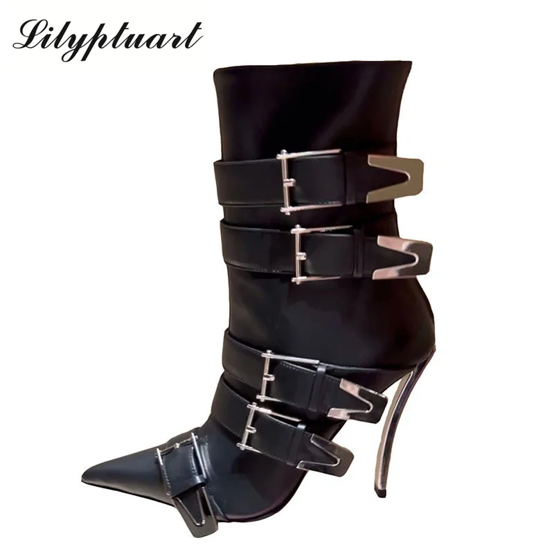 Brand Women\'s Boots 2022 Autumn Winter New Fashion Metal Slim Heel Belt Buckle Locomotive  Boots Show Boots Black White