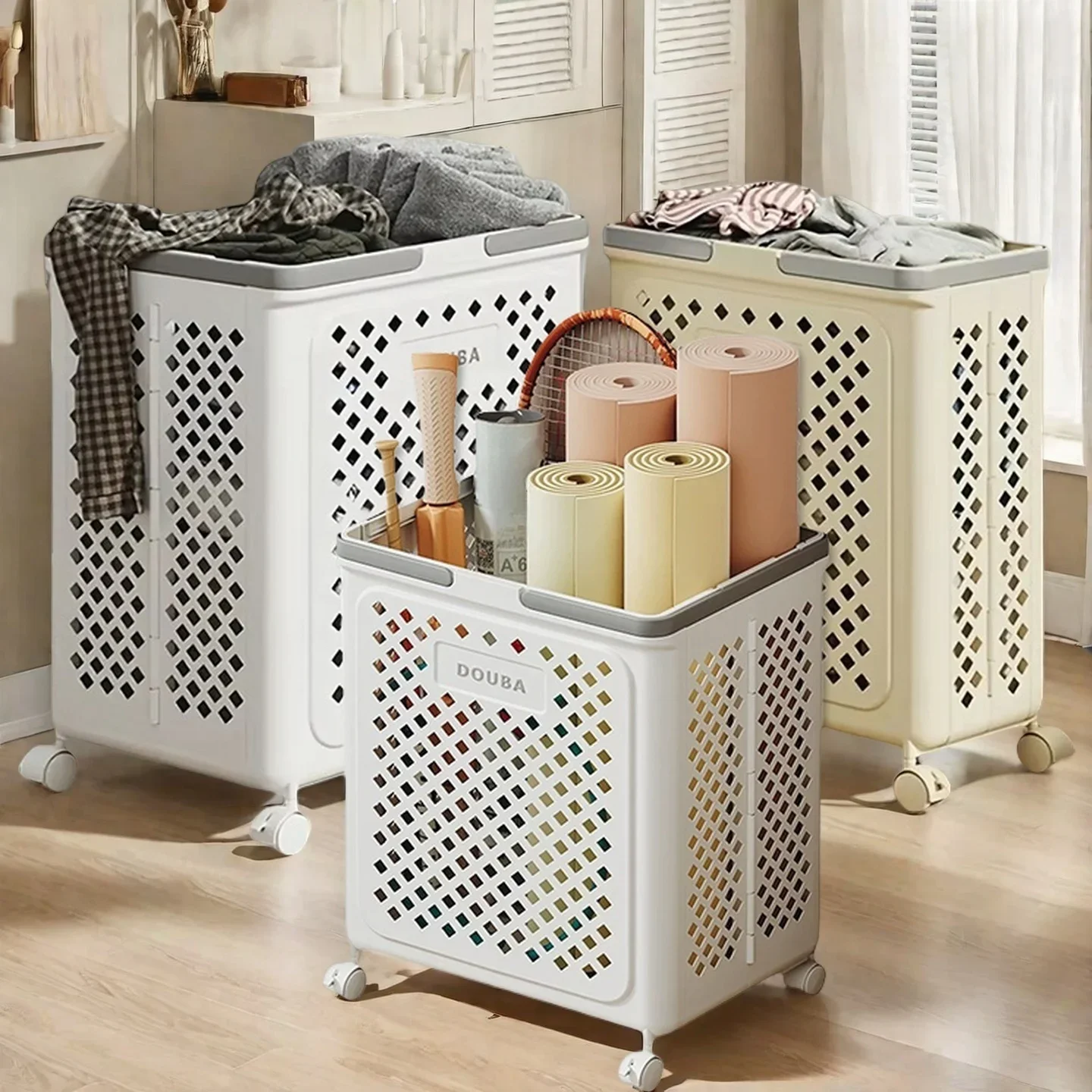 

Foldable Storage Basket, Small Plastic Laundry Basket with Wheels and Handles, Space-saving Rolling Basket