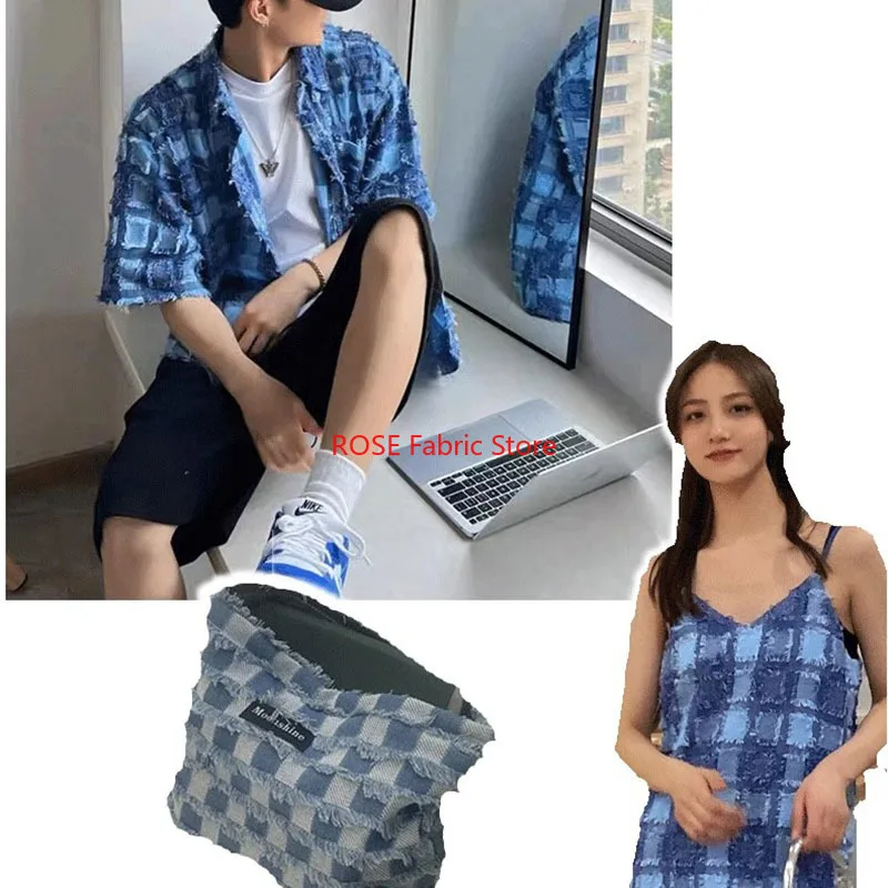 厚さ1メートルのタッセル付きコットンウォッシュド加工デニムチェック柄生地、DIY縫製ブレザーバッグ帽子用生地