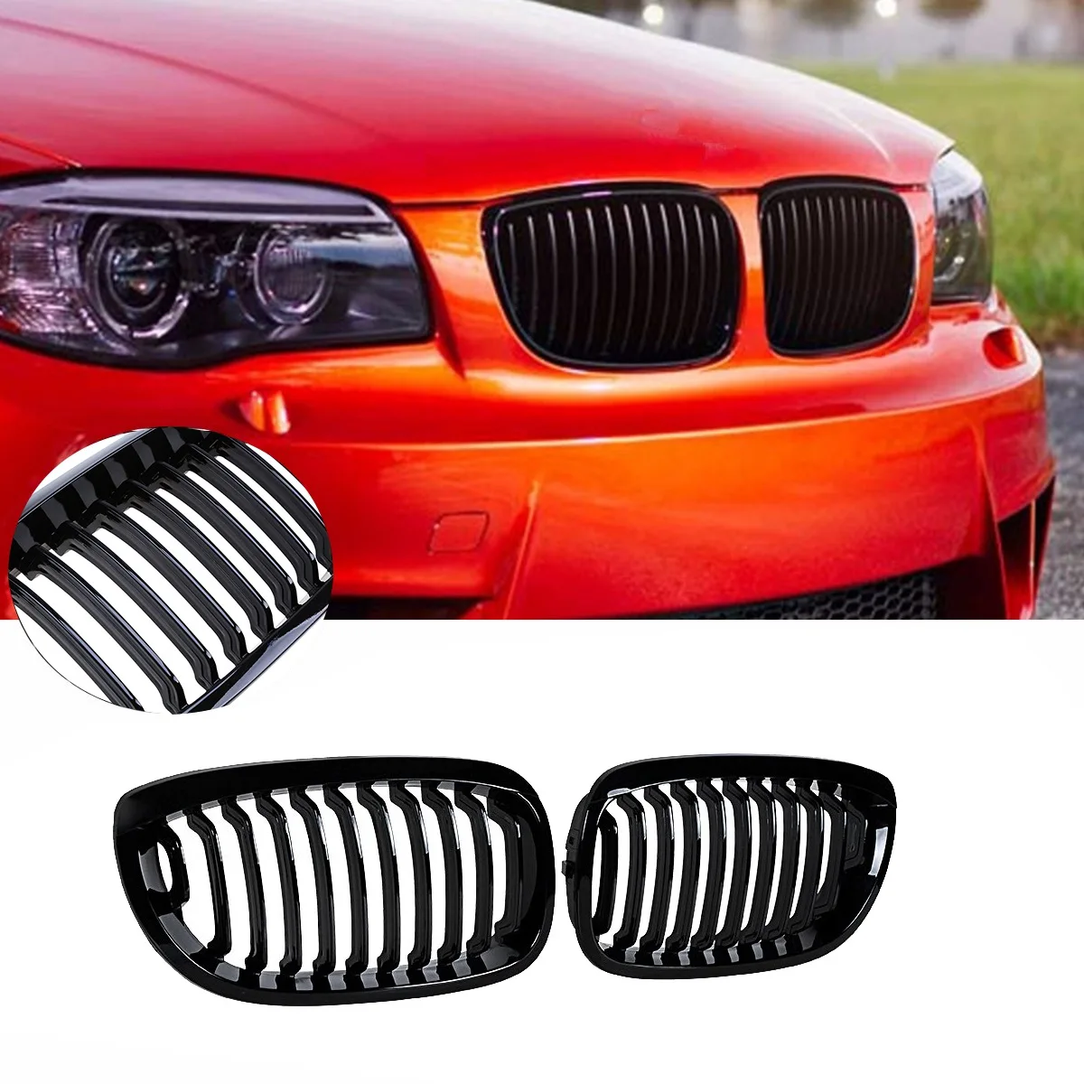 Glossy Black Front Sport Kidney Grille Grill for 2003-2006 E46 325Ci 330Ci 2-Door LCI 51137064318 51137064317