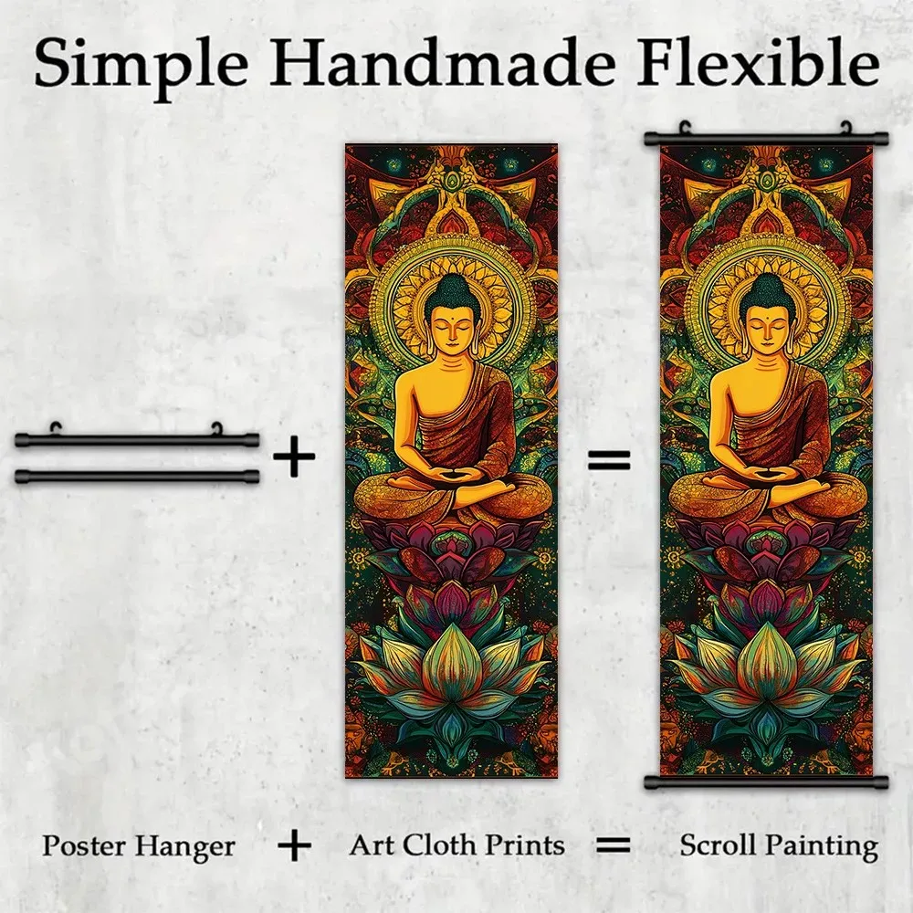 VIKAMA Bohemian Buddha Triptych Wall Scroll Poster Lotus Mandala Spiritual Meditation Vintage Ink Wash Canvas Art Print Decor