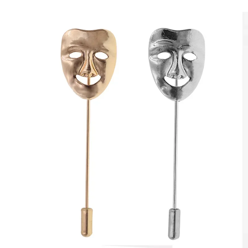 Smiling Face Mask Brooch Men's Straight Insertion Long Needle Suit Business Fashion Simple Stage Drama Clothing Accessories