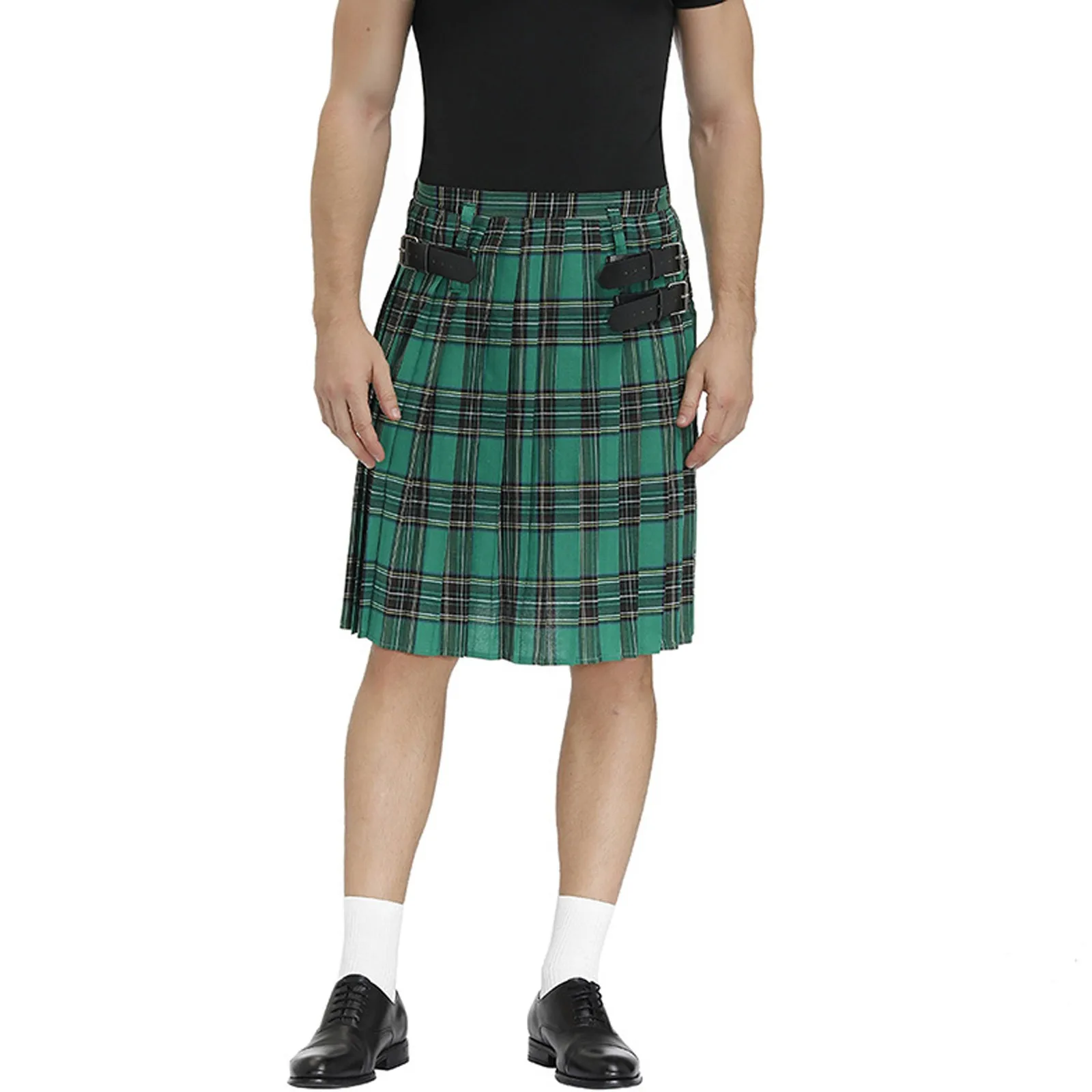 Men's Scottish Style Plaid Printing Half Bodies Skirts Fashionable Casual Retro Contrast Waistband Pleated Skirt For Men