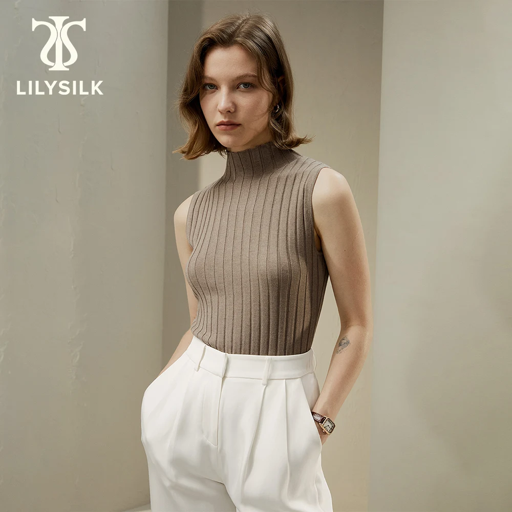 LILYSILK Silk-Cashmere Blend Knit Top 2023 Fall New Solid Sleeveless Mock Neck Tank Top Basic Breathable Vest Free Shipping