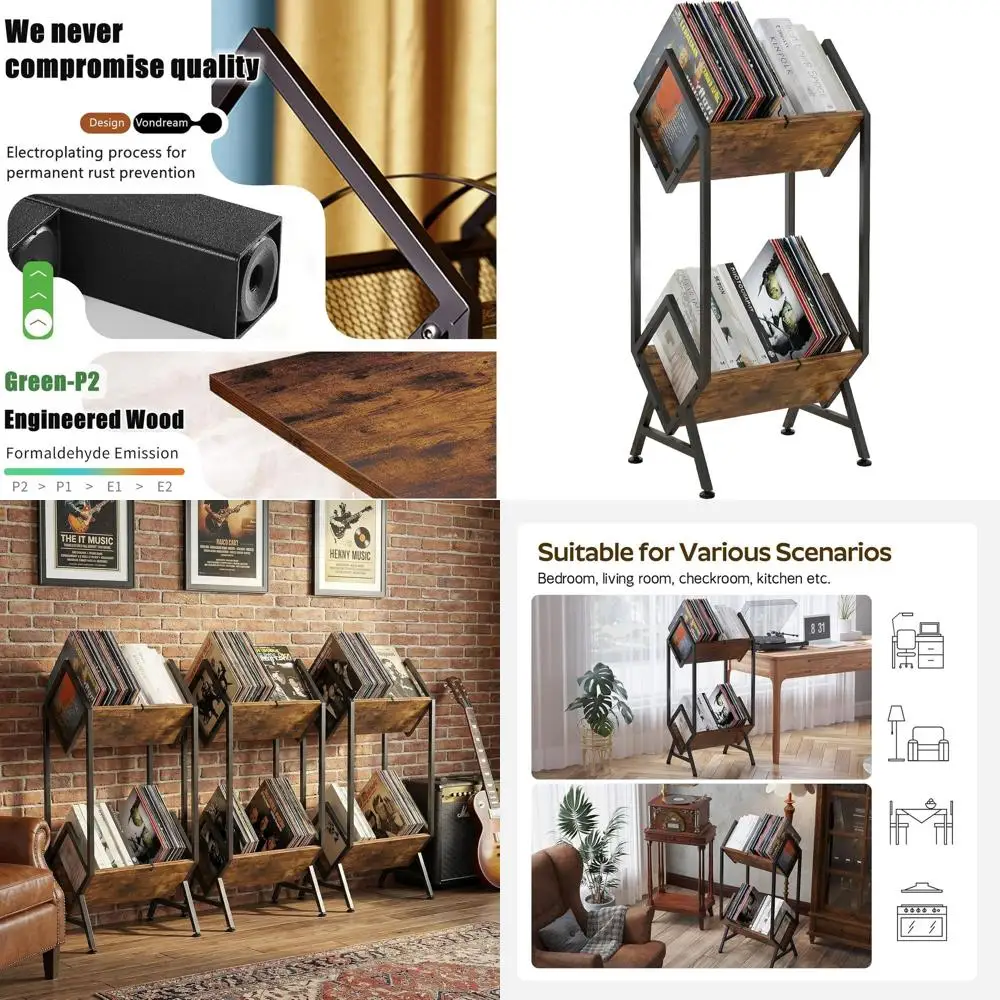 

2-Tier Vinyl Record Storage, Metal Vinyl Record Holder or 160-200 Storage, Vintage Design Record Shel or Albums Books Magazines