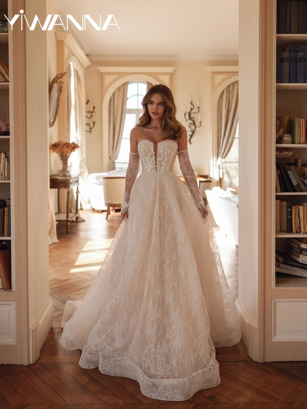 

New Arrival Ivory Lace A-line Long Wedding Dress Detachable Sleeve Beaded Appliques Bridal Gown Customized Dresses For Bride