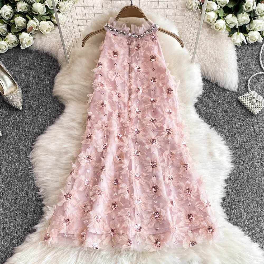 فستان نسائي أنيق مكشكش مزين بالترتر من Clothland مطرز بالألماس فساتين قصيرة شبكية على شكل زهرة لامعة Vestido Mujer QE040 #2