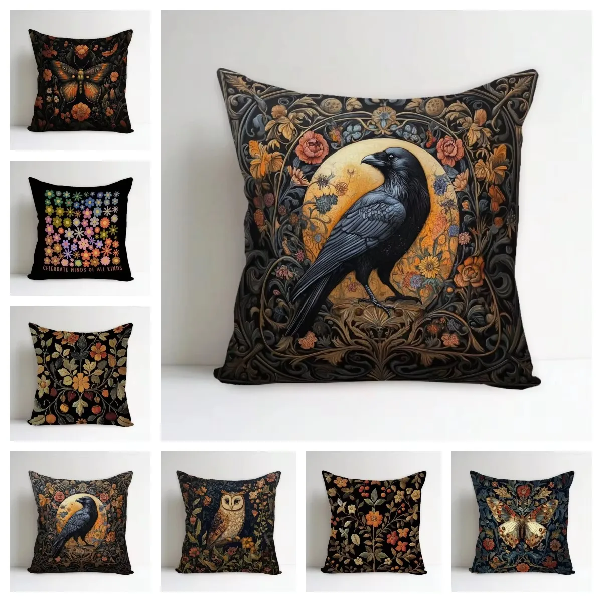 Double Sided Cottagecore Raven Floral Pillow Cover, Soft Polyester 2D Print Cushion for Sofa Bedroom Witchy Home Decor Gift