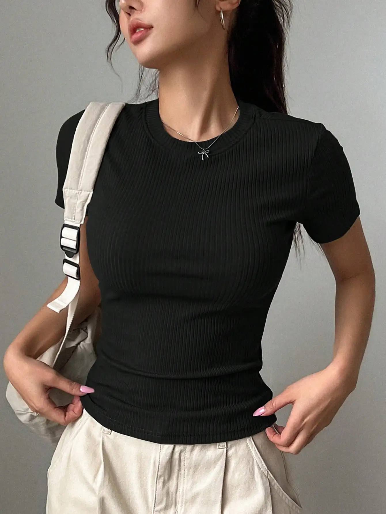 

Women's Ribbed Slim Fit Short Sleeve T-Shirt - Solid Black Casual Top