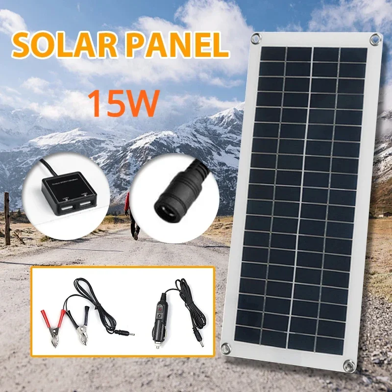 15W Flexible Solar Charger Kit 5V Dual USB 12V DC Solar Panel Outdoor Portable Emergency Solar Battery Panels for Phone Car RV