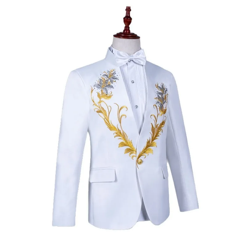 Terno masculino colarinho bordado brocas quentes vestido grande coro trajes cantor compere comando uniformes terno traje para o show