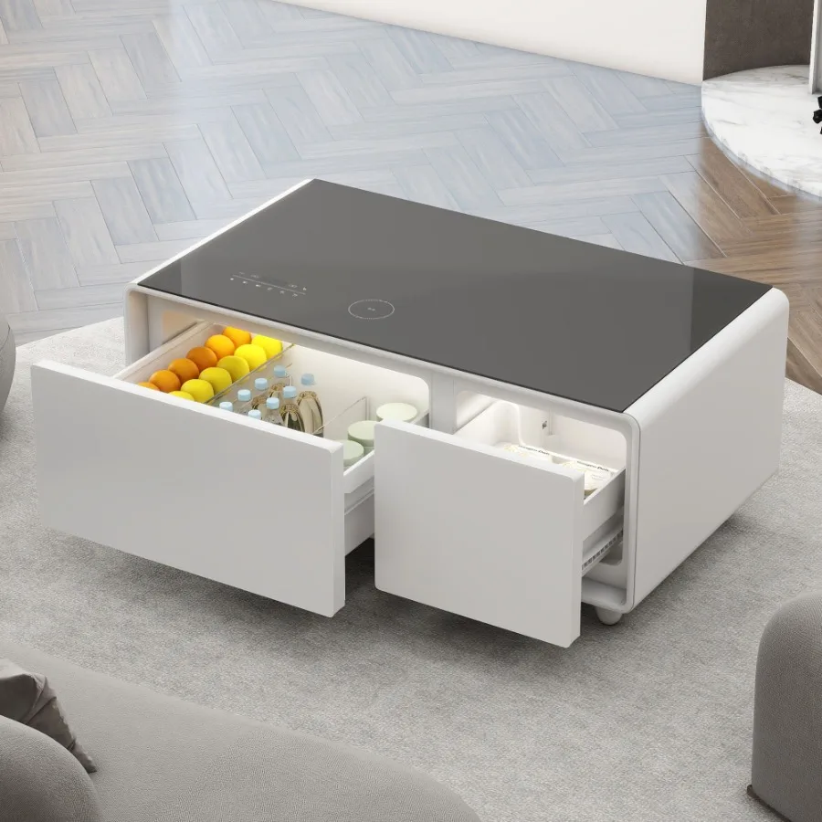 

Modern Smart Coffee Table with Built-in Fridge Bluetooth Speaker Wireless Charging Touch Control Panel USB Ports Outlet Protect