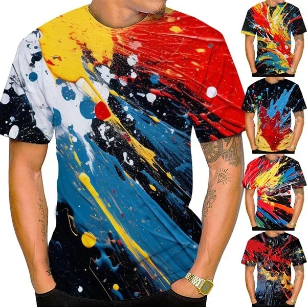 Men's Casual Personalized Street T-shirt Colorful 3D Digital Printing T-shirt Interesting Splash Ink Graffiti T-shirt